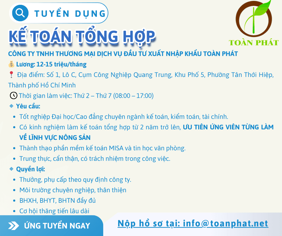 TUYỂN DỤNG KẾ TOÁN TỔNG HỢP